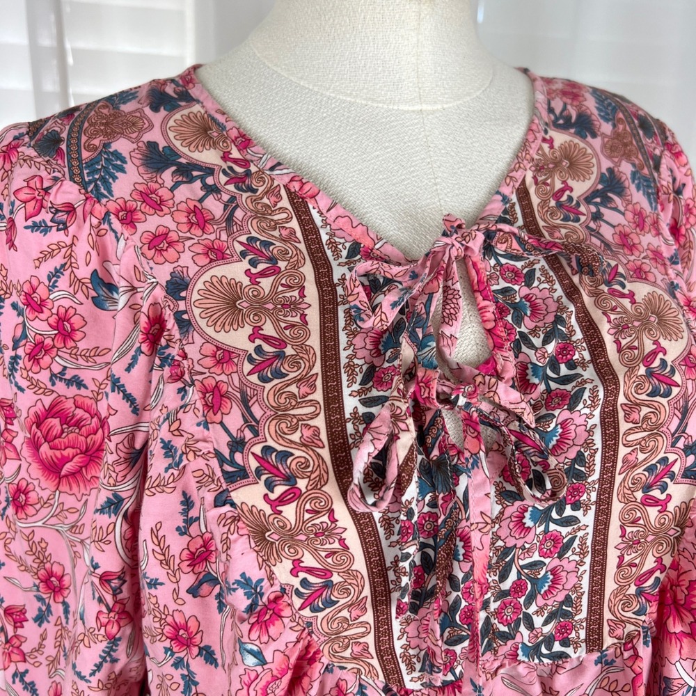 Kaywide Womens XXL Pink Floral Boho Long Sleeve Tie Neck Peasant Blouse Top